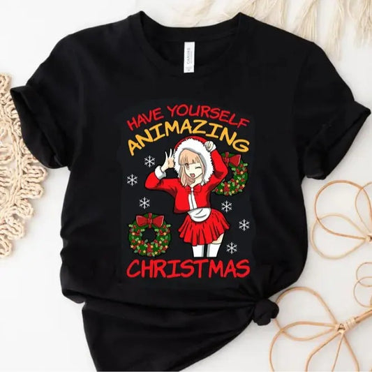 Unisex Animazing Christmas T-Shirt with Manga Addict and Anime Santa Design - Pullover, Fabric