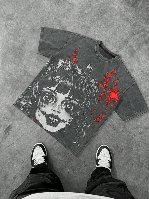 Unisex Cartoon Girl Print Short Sleeve T-shirt, Street Fashion Casual Soft Comfy Graphic Tee for Daily Wear, Unisex Top for Summer, Women, Cotton