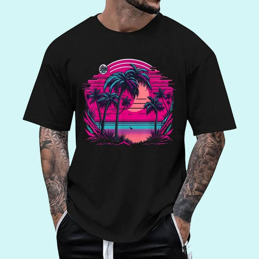 [Unisex Cotton Shirt] 90s Vaporwave Aesthetic Palm Trees Retro 80s Art Vaporwave T-Shirt