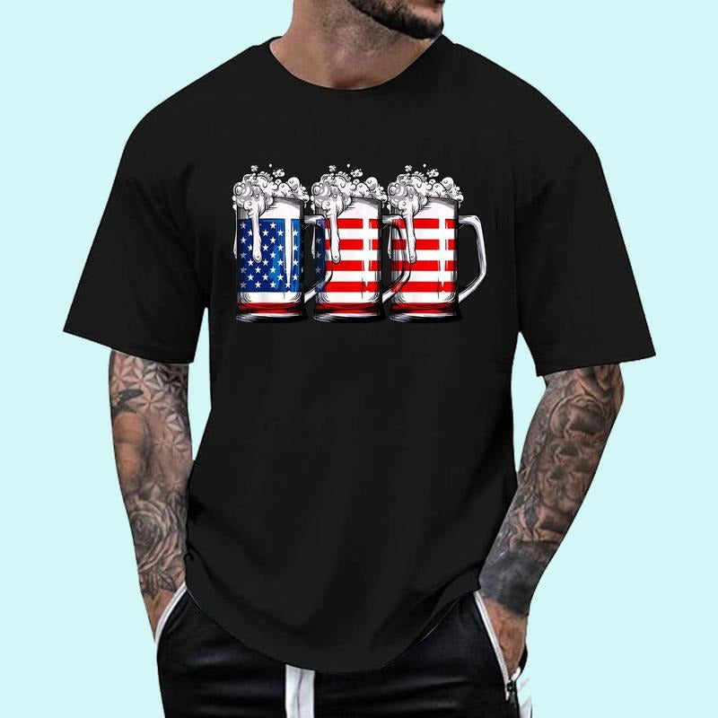 [Unisex Cotton Shirt] Beer American Flag 4th of July Men Women Merica Drinking USA T-Shirt