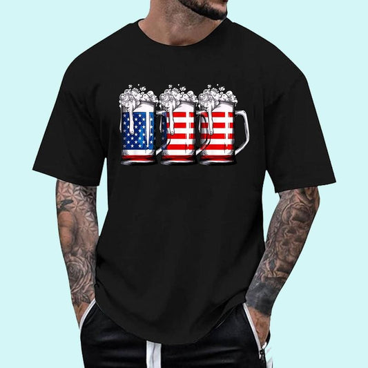 [Unisex Cotton Shirt] Beer American Flag 4th of July Men Women Merica Drinking USA T-Shirt