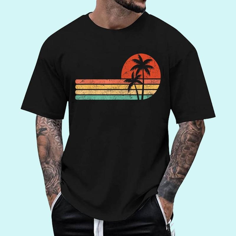 [Unisex Cotton Shirt] Retro Style Tropical Vintage sunset Beach Palm Tree T-Shirt