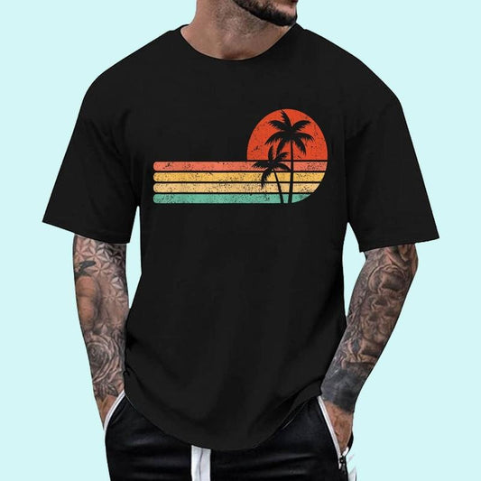 [Unisex Cotton Shirt] Retro Style Tropical Vintage sunset Beach Palm Tree T-Shirt