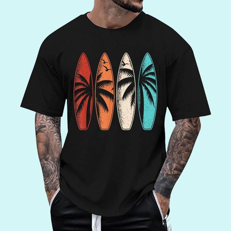 [Unisex Cotton Shirt] Tropical Hawaii Palm Tree Surfing Beach Surfboard Retro Surf T-Shirt