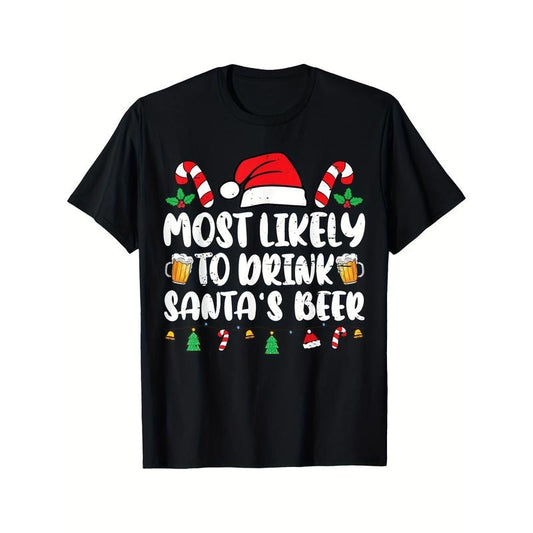 Unisex Funny Christmas T-shirt - Most Likely To Drink Santa's Beer, Soft & Breathable 220g Short Sleeve Tee, Black, Comfortable Daily Wear for Men made in usa