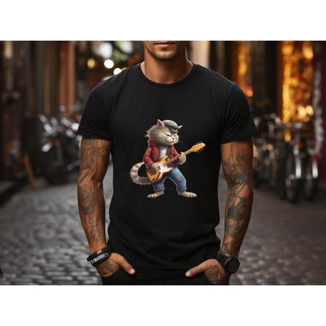 Unisex Rock and roll Cat Playing Guitar Shirt: A Funny Guitar Cat T-Shirt Cat and Rock Lover Shirt made in usa