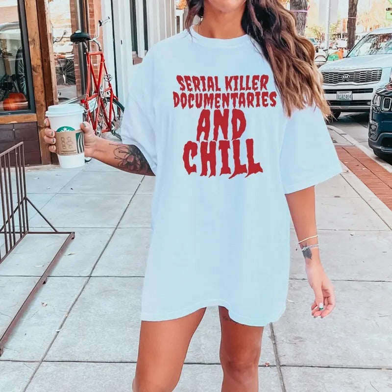 Unisex comfort colors murder documentaries and chill short sleeve cotton casual graphic tee gildan longsleeve polyester crewneck sweater