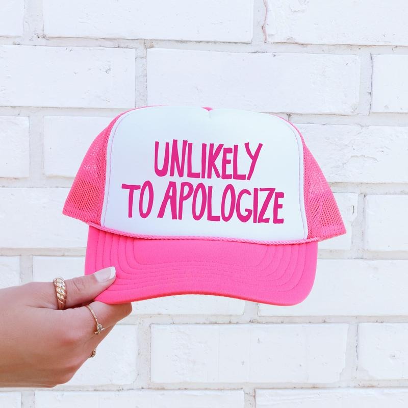 Unlikely to Apologize, Sassy, Funny, Bright Pink Snapback Trucker Hat, Sassy Graphic Otto Hats