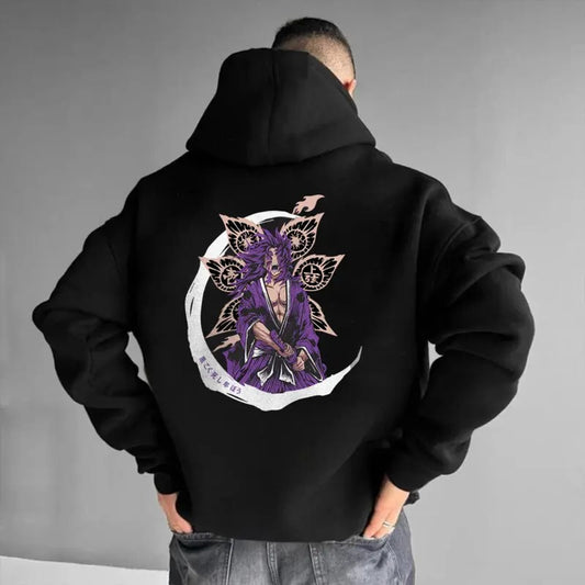 Upper Moons Demon Slayer Hoodie, Black Graphic Design, 90s Style, Kokushibo Design, Anime & Manga Fans' Top, Classic Cotton Fabric