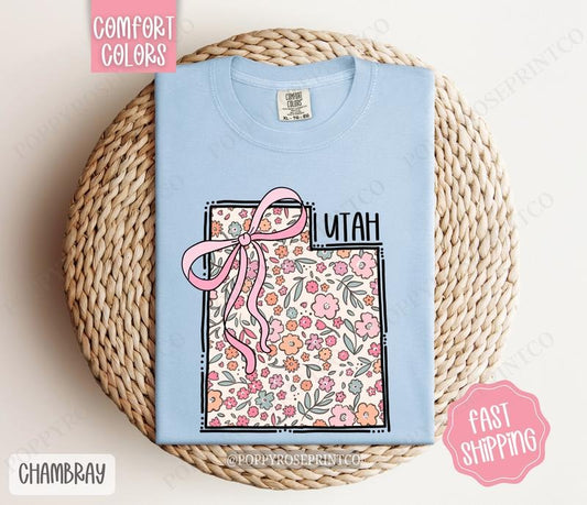 Utah Floral Bow Comfort Colors T-shirt, Cute Trendy Tee, State Coquette Oversized Top