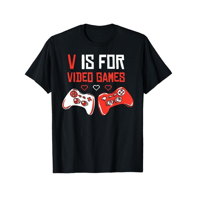 V Is For Video Games Men T-Shirts, Funny Valentines Day Novelty Graphic Printed Tee, Short Sleeve Boys Valentine'S Day T-Shirt for Boyfriend Bf Lover 100% Cotton made in usa