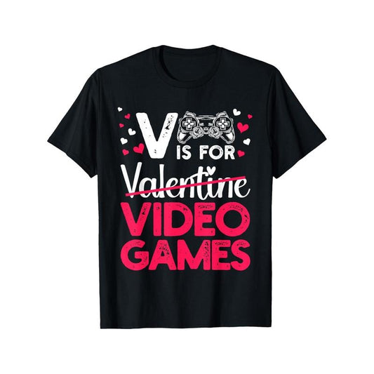 V is for Valentine Video Games Men's T-Shirt - Funny Novelty Graphic Print, Short Sleeve, 100% Cotton, Casual Round Neck Tee for Boyfriend or Husband made in usa