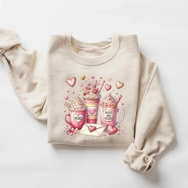 Valentine Coffee Sweatshirt, Womens Valentines Day Sweater, XOXO Sweatshirt, Coffee Lover Gift, Pink Coffee Valentine Sweatshirt, Gift for Her