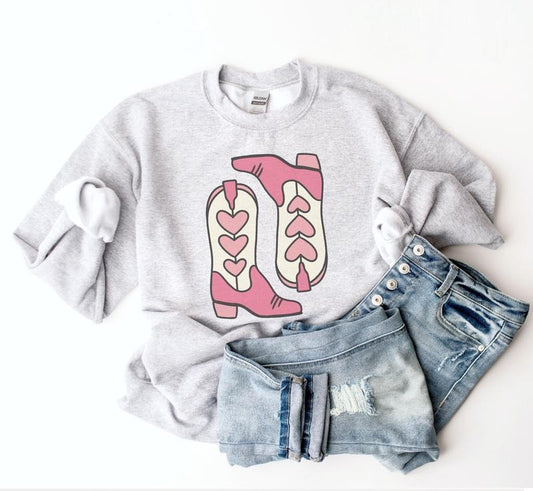 Valentine Country Boots  Sweatshirt Vday Cowboy Pullover Womens Country Vintage Sweater Cowboy Boots Pullover Vday Pink Boots Sweatshirt Casual Comfortable Fabric Long Sleeve Womenswear