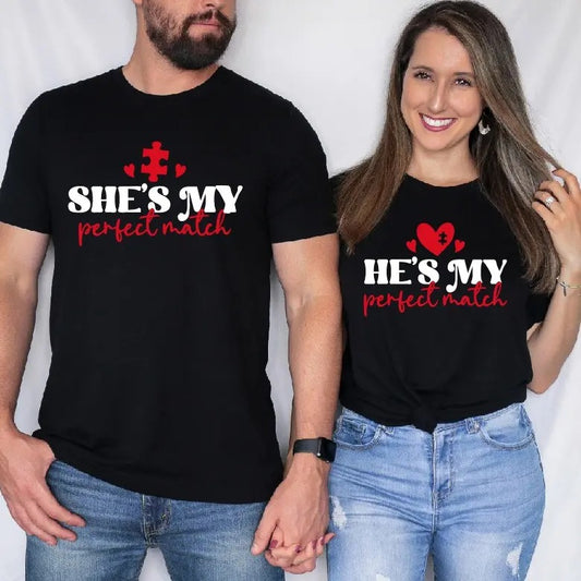 Valentine Couple Puzzle T-Shirt, She's My Perfect Match Shirt, Anniversary Gift Tee, Couple Matching Puzzle Tee, Couples Love Day Short Sleeve.