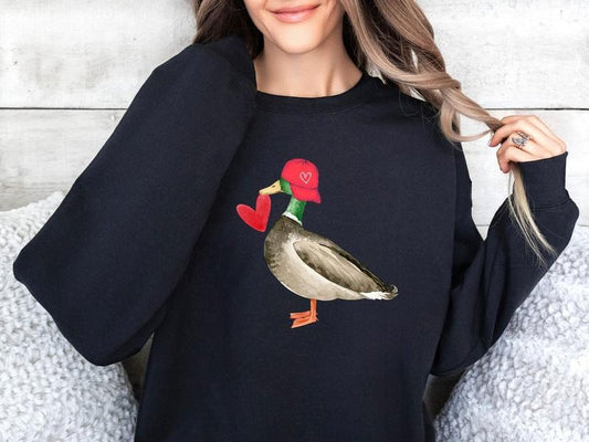 Valentine Mallard Duck Funny Animal Sweatshirt, Duck Lover Gift Shirt, Duck Lover Sweat, Duck Hunting Valentine's, Valentines Sweatshirt, Gifts For Women, Long Sleeve Crewneck Shirt, Valentines Present Ideas, Gifts For Valentines Day Lovers Day Fit Unisex