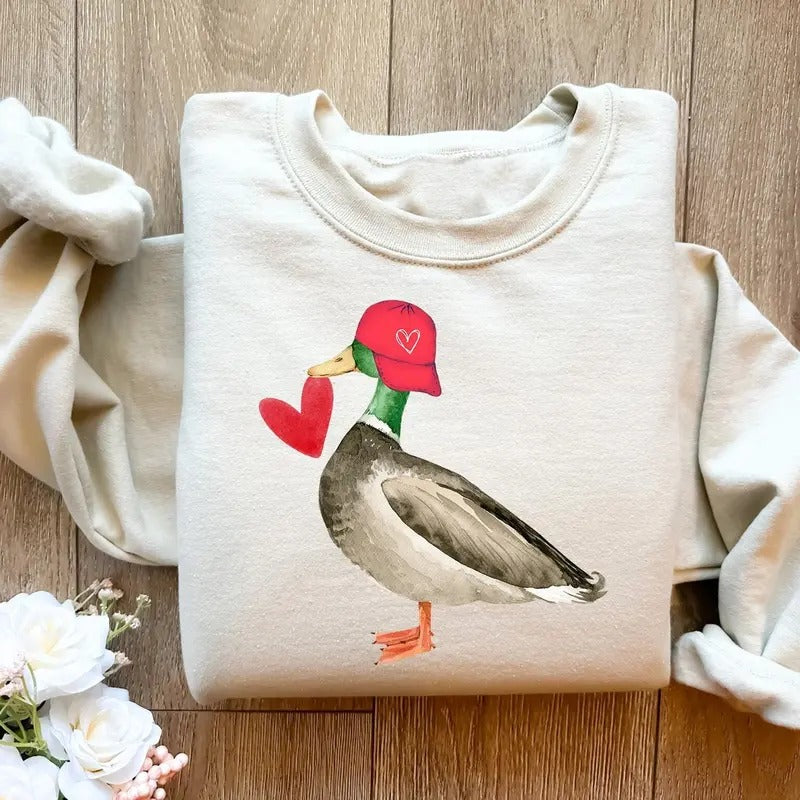Valentine Mallard Duck Sweatshirt, Cute Valentine Shirt For Women, Funny Animals Valentine Sweatshirt, Duck Valentine's Day Shirt