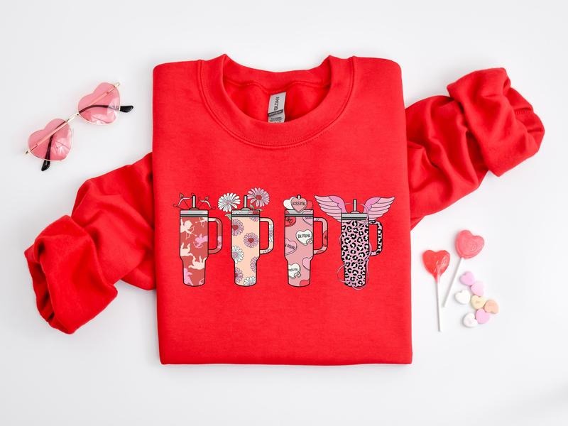 Valentines Day Cup Sweatshirt, Valentine Gift, Valentines Sweater, Cute Valentine Shirt, Xoxo Tee, Valentines Sweatshirt, Gifts For Women, Long Sleeve Crewneck Shirt, Valentine Gifts, Gifts For Valentines Day Clothing Comfort Fitted Womenswear