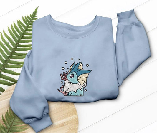 Vaporeon Cute Embroidered Sweatshirt T-Shirt Hoodie, Evolution Gifts For Fans, Embroidery Anime Tshirt, PKM University, Anime Shirt