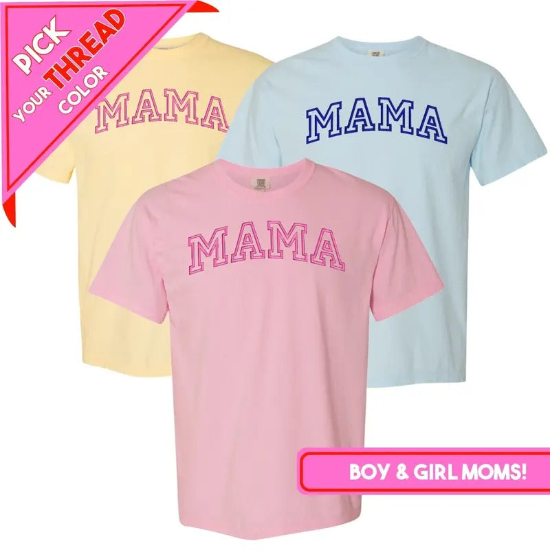 Varsity 'Mama' Embroidered T-Shirt - Classic Design, Short Sleeve, Ideal for Casual Wear