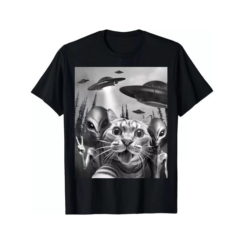 Vibrant Funny Cat UFO Selfie Graphic Print Men's Casual Cotton T-Shirt - Relaxed Fit, Short Sleeve, Crew Neck, Soft Breathable Fabric - Perfect for Cat Lovers and UFO Enthusiasts made in usa