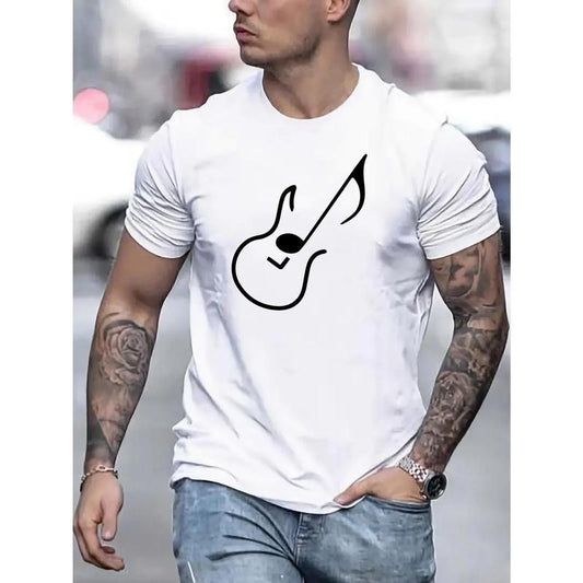 Vibrant Guitar Graphic Print Crew Neck T-Shirt - Men's Comfy Breathable Short Sleeve Casual Tops - Elastic Fabric, Soft Touch, Relaxed Fit, Perfect for Music Lovers Made in USA