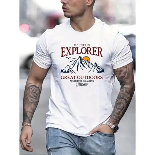 Vibrant Mountain Print Crew Neck T-shirt - Short Sleeve, Casual, Classic Design for Men - Perfect for Summer Outdoor Activities, Hiking, Camping, BBQs, and Everyday Wear Made In USA