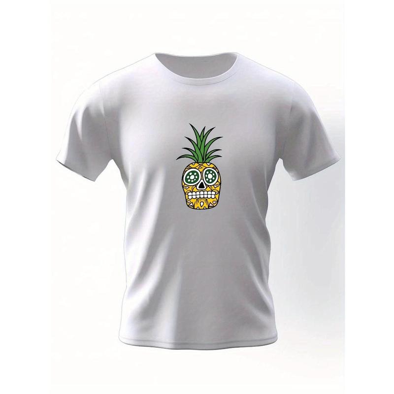 Vibrant Skull Pineapple Graphic Print T-Shirt - Short Sleeve, Casual, Comfortable, Breathable, Summer Essential for Men - Tees for Everyday Wear made in usa