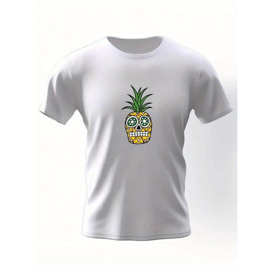 Vibrant Skull Pineapple Graphic Print T-Shirt - Short Sleeve, Casual, Comfortable, Breathable, Summer Essential for Men - Tees for Everyday Wear made in usa