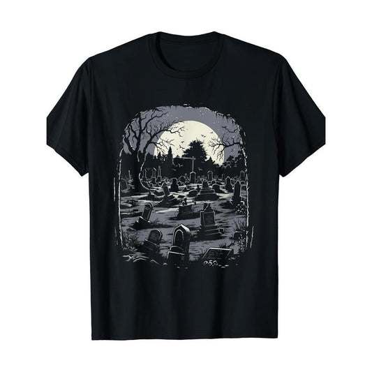 Vibrant Spooky Cemetery Graphic Print Fun Halloween T-Shirt for Men Soft and Breathable Fabric - Perfect for Casual Wear and Halloween Parties Made in USA