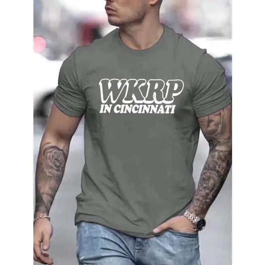 Vibrant Wkrp Print Tee - Classic Round Crew Neck, Short Sleeve, Simple Style, Regular Fit, Comfy Fashion T-Shirt for Spring Summer Holiday Leisure Vacation - Perfect Gift for Men Made in USA