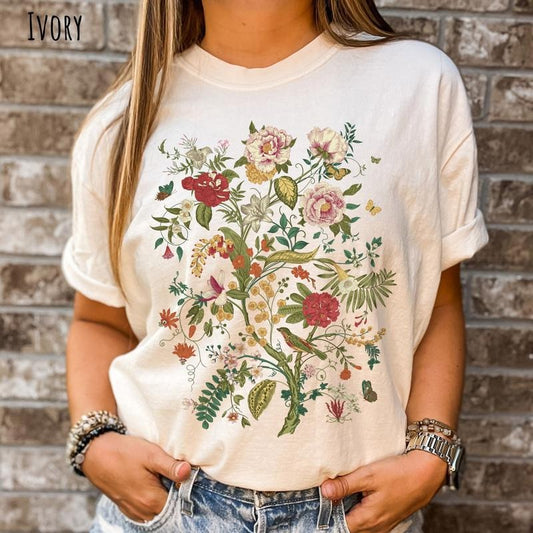 Vintage  CottageCore Flower Shirt, Bird TShirt, Gift For Her, Gift For Mom, Nature Shirt, Gardening Shirt, Floral Tee Womenswear Cotton