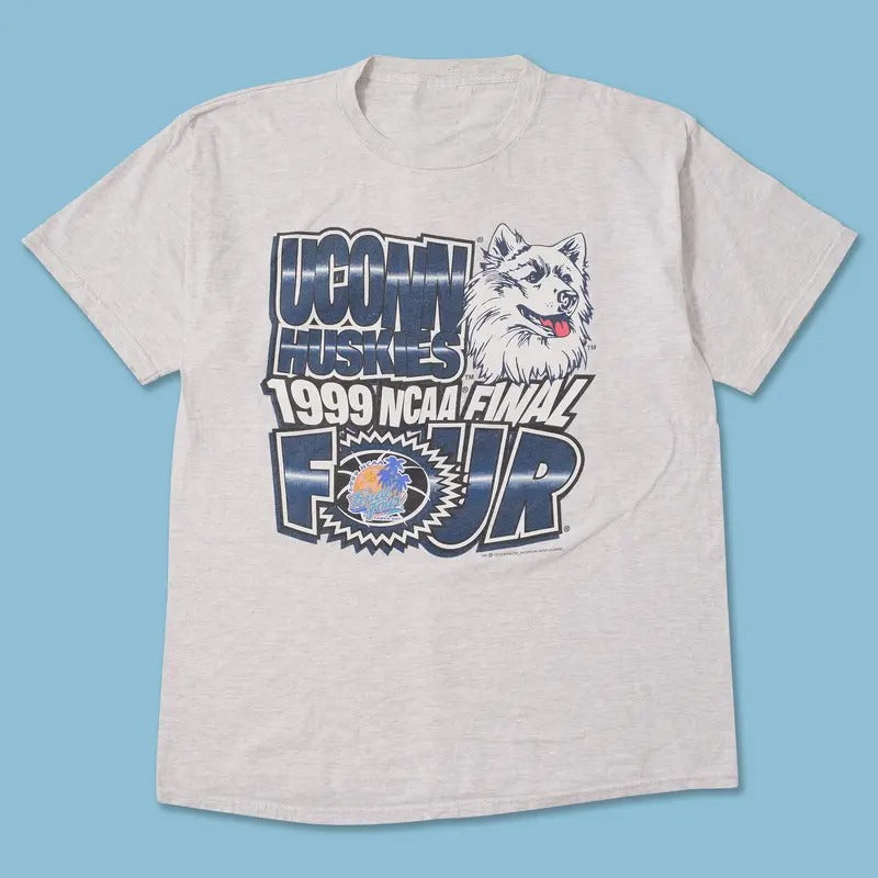 Vintage 1999 UC0nn Huskies NCAA Cotton Graphic Printed T-Shirt