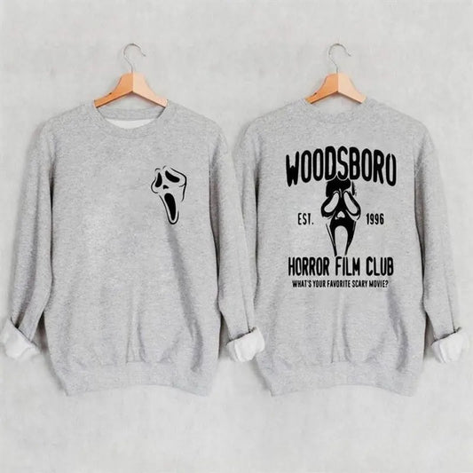 Vintage 2 Sides Woodsboro Horror Film Club Sweatshirt, The Ghostface Sweatshirt, Scream Sweatshirt,Horror Movie Sweatshirt,Halloween Sweater
