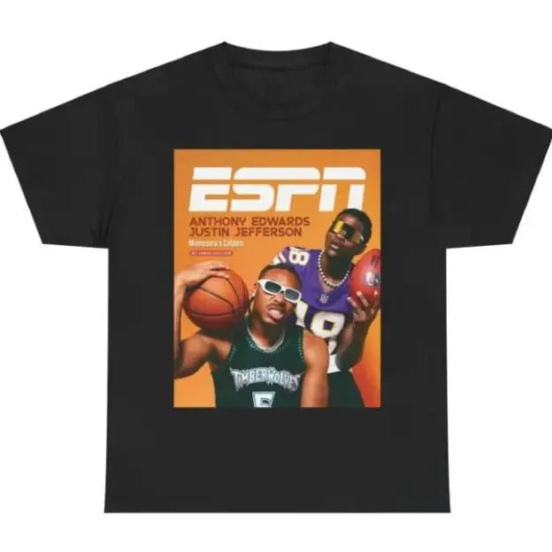 Vintage 90s Anthony Edwards Justin Jefferson Minnesota T.i.m.berwolvess Vikingss ESPN Funny Graphic T-Shirt Sweatshirt Crew Neck, Top Streetwear
