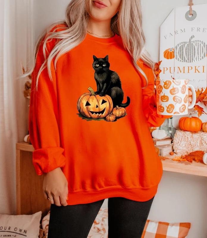 Vintage 90s Cat Halloween Sweatshirt, Cute Cat Halloween Shirt, Spooky Season Tee, Pumpkin Shirt, Cat Lover Shirt, Black Cat, Spooky Season, Black Cat on Pumpkin Sweatshirt, Black Cat Sweater, Halloween Black Cat, Halloween Gifts for Cat Owner, Cat shirt