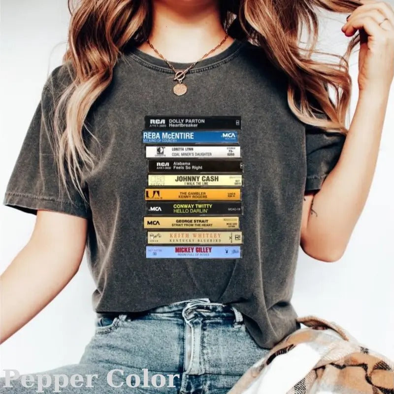 Vintage 90s Classic Country Music Cassette Tapes Graphic Tee for Men - Johnny Cash, Mickey Gilley, Keith Whitley Shirt - Top, Casual Womenswear Hoodie