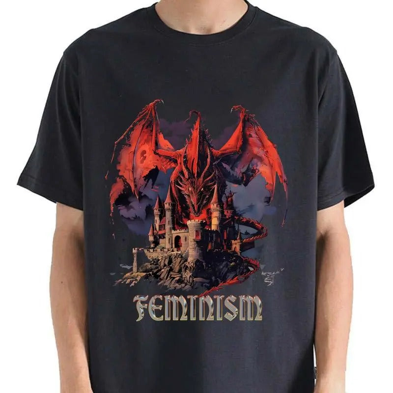 Vintage 90s Feminism Dragon Fantasy Graphic T-Shirt - Funny Gag Meme Tee, Feminism Dragon Shirt, Perfect Gag Gift