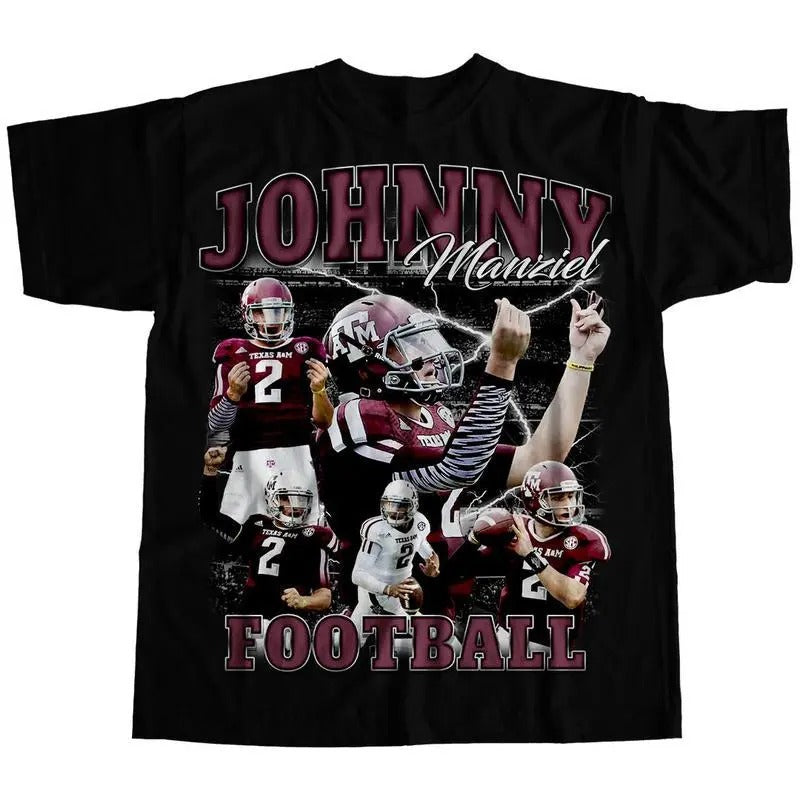 Vintage 90s Graphic Style Johnny Manziel T-shirt Johnny Manziel Tee Retro Johnny Manziel Tshirt Football T-shirt Classic Cotton Top Summer Comfort Menswear Underwear Streetwear Tropical Shortsleeve Casual Round Neck Biker