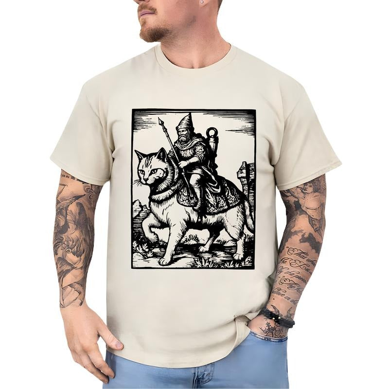 Vintage 90s Knight Riding Cat Shirt for Men, Funny Meme Knight Kitten T-shirt, Retro Dark Art Tops, Cat Lover Gifts, Cat Dad Tees, Classic Menswear