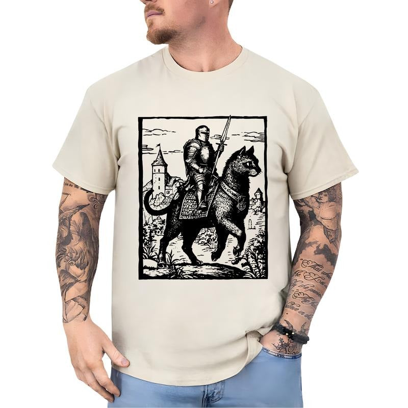 Vintage 90s Knight Riding Cat Shirt for Men, Knight Kitten T-shirt, Retro Dark Art Tops, Cat Lover Gifts, Funny Meme Tees, Classic Cotton Menswear