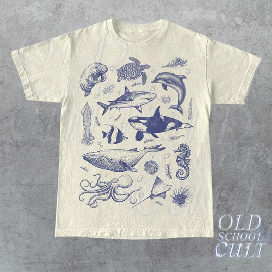 Vintage 90s Tattoo Sea Animal Tshirt Retro Ocean Nature Shirt Sealife Ocean Whale Orca Turtle Dolphin Shirt Unisex Relaxed Adult Tee  sweater