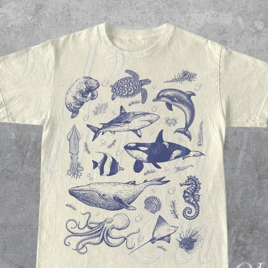 Vintage 90s Tattoo Sea Animal Tshirt, Retro Ocean Nature Shirt, Sealife, Ocean, Whale, Orca, Turtle, Dolphin Shirt, Unisex Relaxed Adult Tee Unisex Full Size