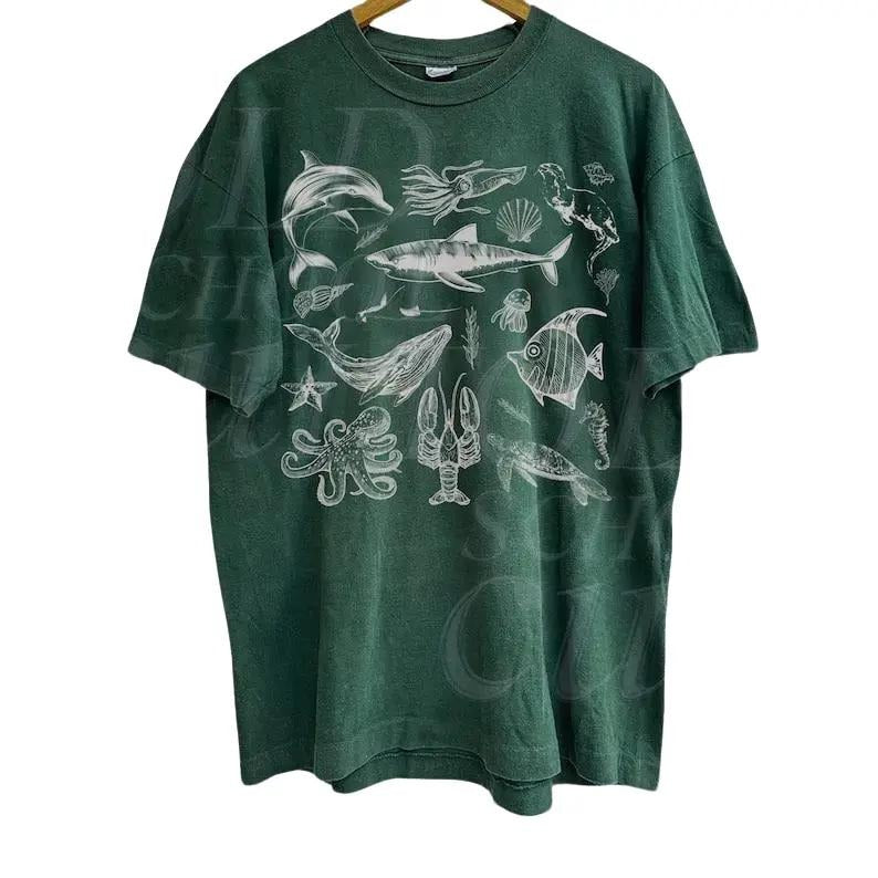 Vintage 90s Tattoo Sea Animal Tshirt, Retro Ocean Nature Shirt, Sealife, Ocean, Whale, Orca, Turtle, Dolphin Shirt, Unisex Washed Adult Tee Shortsleeve