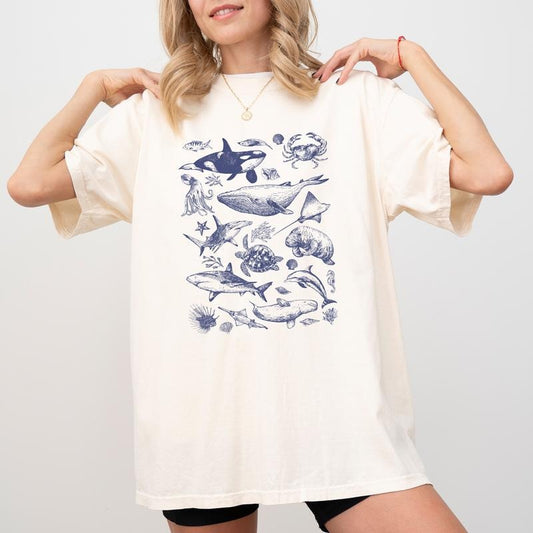 Vintage 90s Tattoo Sea Animals Shirt Comfort Colors, Retro Ocean Nature Sealife Graphic Tee, Marine Life T-shirt, Summer Vibes Tops, Cotton Womenswear