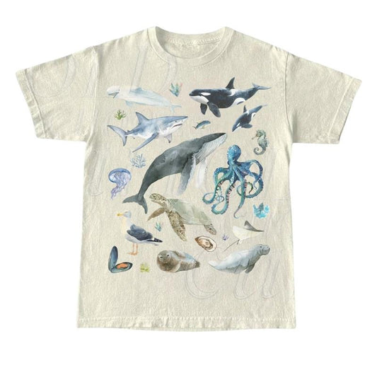 Vintage 90s Water Color Sea Animal Tshirt, Retro Ocean Nature Shirt, Sealife, Ocean, Whale, Orca, Turtle, Dolphin Shirt, Nostalgia Adult Tee Menswear Top Underwear Streetwear Shoe T-Shirt Tropical Shortsleeve