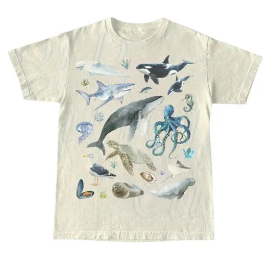 Vintage 90s Water Color Sea Animal Tshirt, Retro Ocean Nature Shirt, Sealife, Ocean, Whale, Orca, Turtle, Dolphin Shirt, Nostalgia Adult Tee, Y2k, Unisex T-Shirt, Gift For Men Women Menswear Top Streetwear Underwear