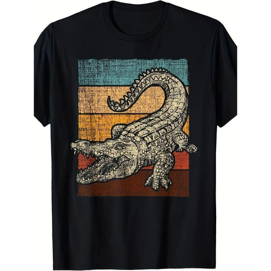 Vintage Alligator Graphic T-Shirt - Cotton Casual Crew Neck Top for Men with Geometric Applique Design - Versatile Knit Fabric Tee for Sports, Running, Yoga & Festive Occasions, Four Seasons Wear Made in USA