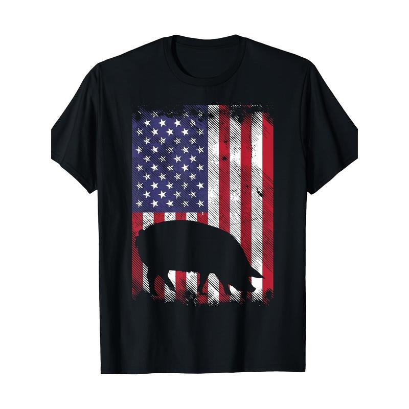 Vintage American Flag Pig Graphic Tee - 100% Cotton, Patriotic Farmhouse Style T-Shirt for Men made in usa
