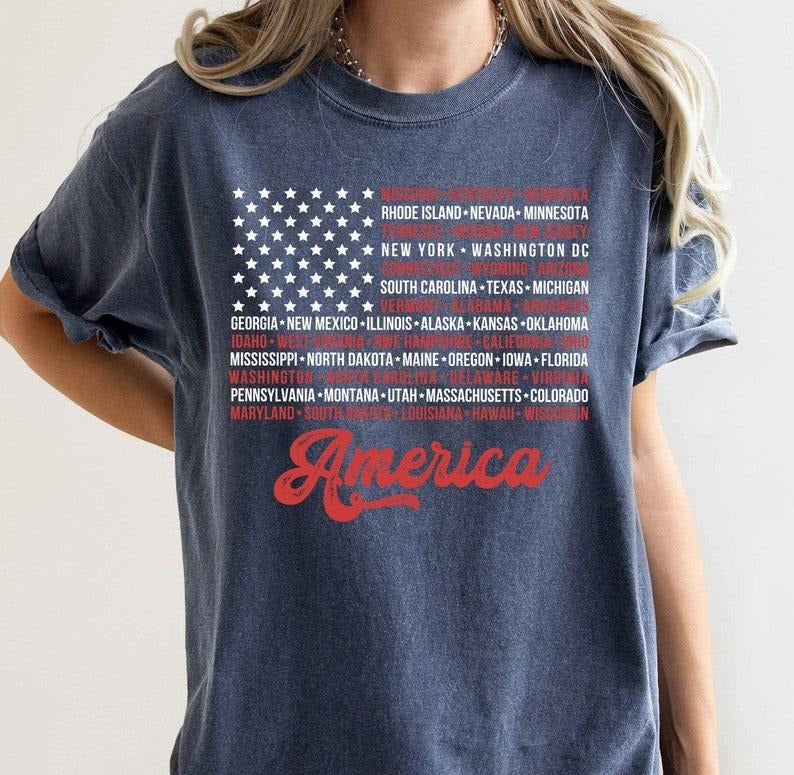 Vintage American Flag Shirt with States, Fourth of July Shirt, United States Shirt, July 4th Graphic Shirt, USA Shirt, Patriotic Shirt, Independence Day Shirt